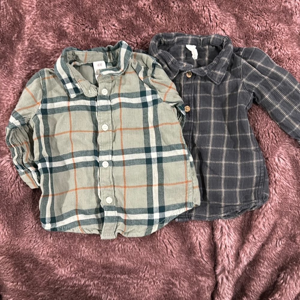 Two Flannel Button Down Front Plaid Shirts